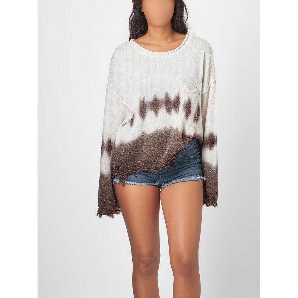 Peach Love Sweater Womens Size‎ Small Cream Brown Tie Dye Distressed Pocket Boho